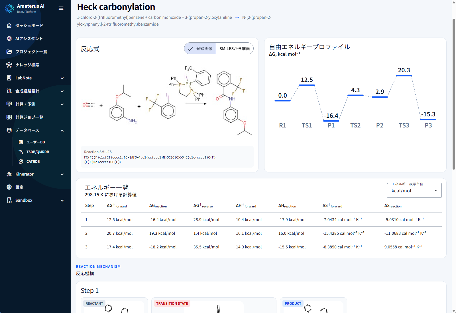 反応と計算結果を参照するTSDBの画面